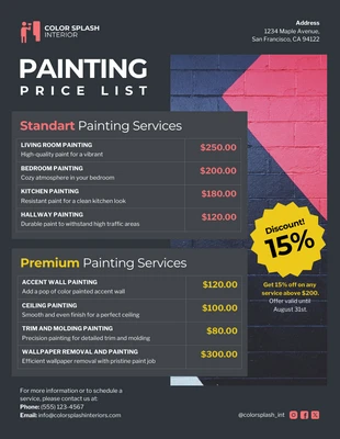 Free  Template: Modèle de liste de prix de peinture