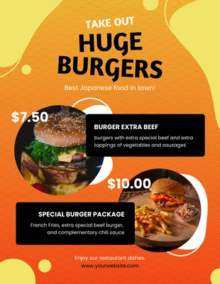 Free  Template: Menus para viagem de hambúrgueres elegantes em gradiente preto e laranja