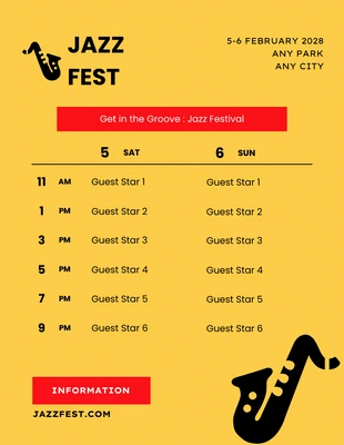 Free  Template: Modèle de Flyer jaune de programmation du festival de jazz