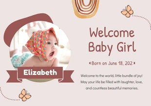 Free  Template: Beige und braune Baby-Willkommenskarte