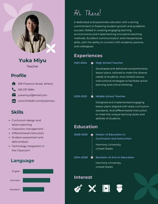 Green and Pink Teacher Academic Resume