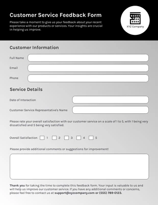 Free  Template: Formulário simples preto e branco de atendimento ao cliente Formulário de atendimento ao cliente simples