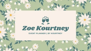 Free  Template: Cartão De Visita Planejador de eventos com padrão floral clássico verde e bege