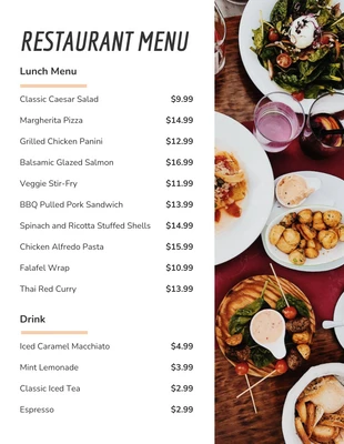 Free  Template: Menú de almuerzo de restaurante minimalista blanco