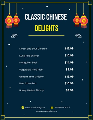 Free  Template: Chinesische Speisekarte in Mitternachtsblau