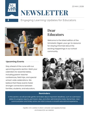 Free  Template: الأبيض والأزرق النشرة الإخبارية للفصول الدراسية التصميم الحديث