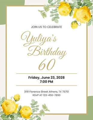 Free  Template: Convite de aniversário de 60 anos floral moderno bege e verde claro