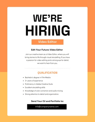 Free  Template: Cartaz de contratação de editor de vídeo laranja