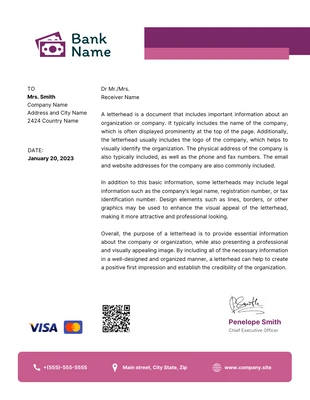 Free  Template: White And Purple Minimalist Professional Bank Letterhead Template (Modèle de papier à en-tête de banque professionnel)