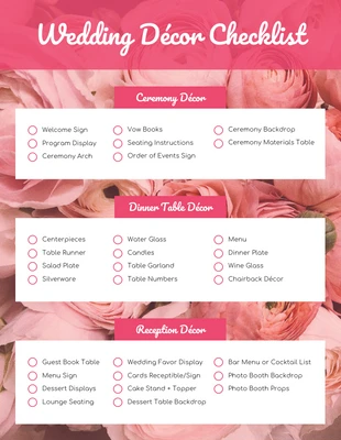business  Template: Liste de contrôle pour les décorations de mariage avec des roses roses
