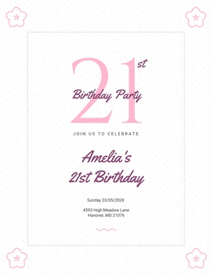 Free  Template: Invitación de cumpleaños número 21 simple en blanco y rosa