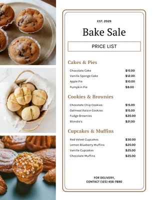 business  Template: Plantilla de lista de precios para venta de repostería