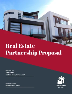 Free  Template: Dark Blue Red and Gray Professional Real Estate Partnership Proposal