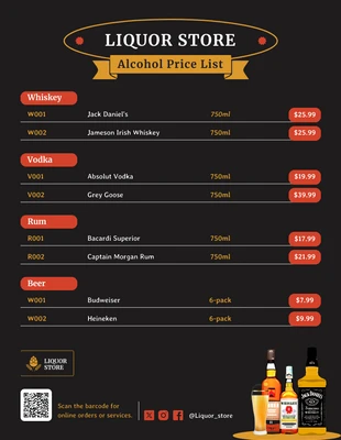 Free interactive Template: Modèle de liste de prix d'alcool