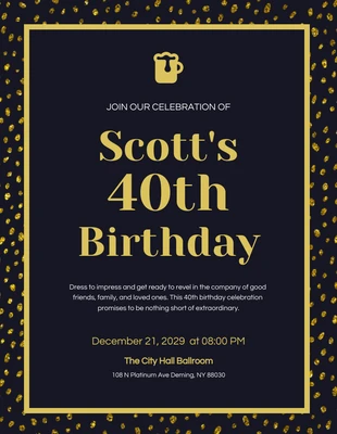 Free  Template: Invitación al 40 cumpleaños de oro oscuro