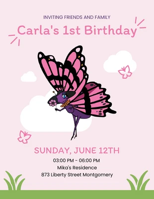 Free  Template: Invito di compleanno dell'illustrazione della farfalla estetica moderna rosa e verde del bambino
