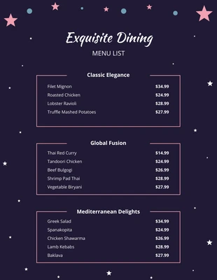 Free  Template: Menu illustratif Star Diner de minuit bleu foncé