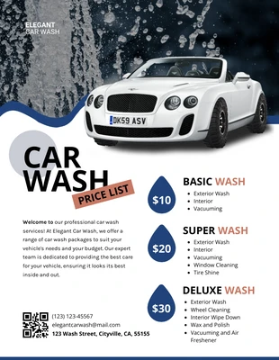 premium  Template: Lista de preços de lavagem de carro simples azul e branco