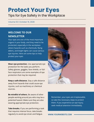 Free  Template: Bege Azul Simples Minimalista Boletim informativo sobre segurança ocular