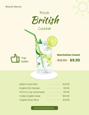 Free  Template: Menus de cocktails vert clair amusants