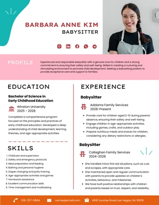 Free  Template: Colorful Babysitter Resume