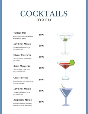 Free  Template: White And Blue Simple Illustration Cocktails Bar Menu