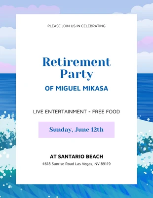 Free  Template: Convite para festa de aposentadoria com tema de ondas coloridas na praia