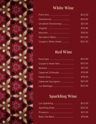 Free  Template: قائمة النبيذ الأحمر الكلاسيكي خمر