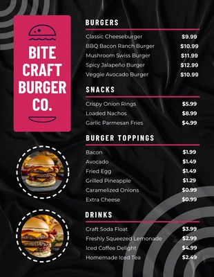 Free  Template: Menu de hambúrguer moderno preto e rosa