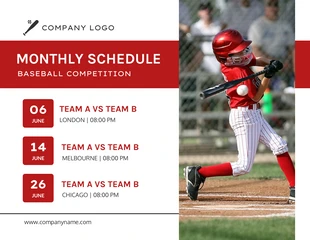Free  Template: Modello di calendario di baseball pulito bianco e rosso