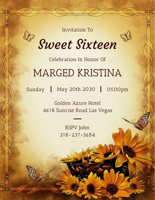 Free  Template: Invitation Brown Classic Floral Sweet 16 Anniversaire