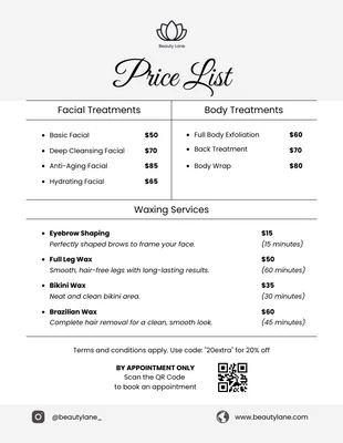 business  Template: Esthetician Price List Template