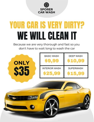 Free  Template: نشرة إعلانية بسيطة لغسيل السيارات باللونين الأبيض والأصفر