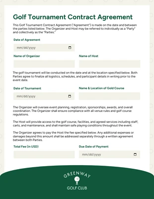 Free interactive Template: Plantilla de contrato para torneo de golf.