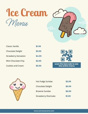 Free  Template: Menús de helados minimalistas simples en crema y azul