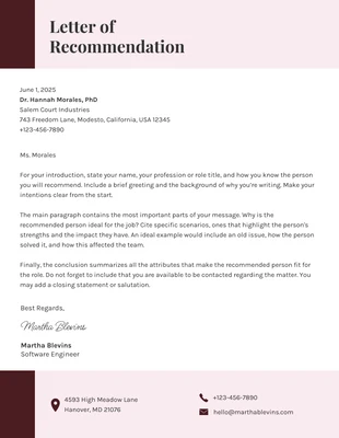 Free  Template: Light Pink And Maroon Simple Recommendation Letters
