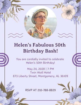 Free  Template: Invitación de 50 cumpleaños Purple Classic Vintage Floral Celebration