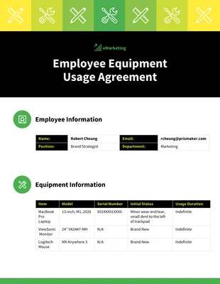 business  Template: اتفاقية استخدام معدات الموظف