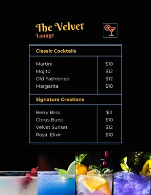 Free  Template: Menu de cocktails sombres rétro