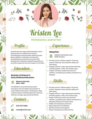 Free  Template: Floral Babysitter Resume