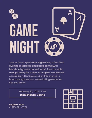 Free  Template: Modelo de folheto de noite de jogos em azul escuro e violeta