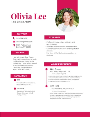 Free  Template: Blanc et rouge Minimalist Professional Real Estate Resume (CV immobilier professionnel)