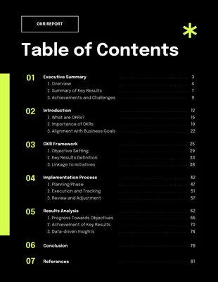 premium  Template: Table des matières du rapport OKR vert néon et noir moderne