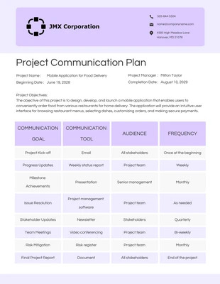 Free  Template: Weißer und lila einfacher Projektkommunikationsplan
