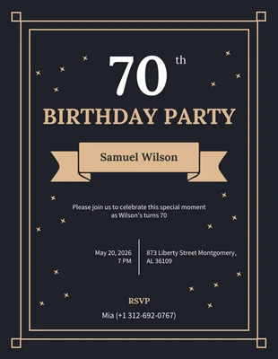 Free  Template: Schwarze elegante Einladung zum 70. Geburtstag