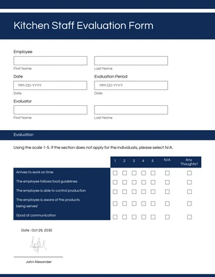 Free  Template: Formulários de avaliação de funcionários de cozinha com design minimalista branco e azul
