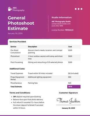 Free  Template: General Photoshoot Estimate Template