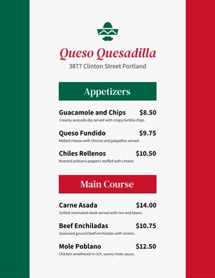 Free  Template: القائمة المكسيكية ذات اللون الرمادي الفاتح والأخضر والأحمر