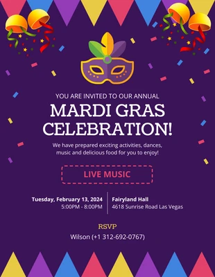 Free  Template: Invitation Pinatas violettes et colorées Mardi Gras