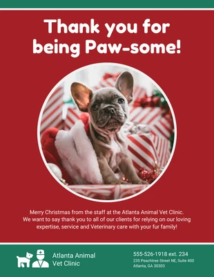 premium  Template: Tarjeta de agradecimiento navideña de la clínica veterinaria